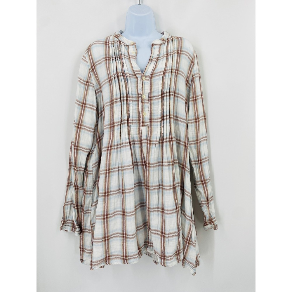 CP Shades Tunic in Double Cotton Gauze plaid Pintuck
